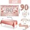 90th Birthday Decorations Party Set for Women, Rose Gold 90 Birthday Banner and Tablecloth, 90 & Fabulous Sash and Tiara, 1PC Happy 90th Birthday Cake Topper, Pink Gold 90 Number